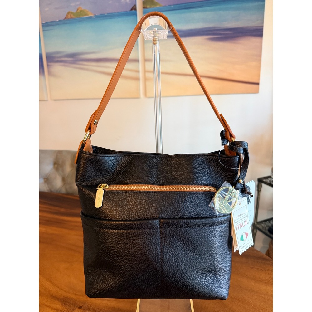 NWT Valentina Italian Black Pebbled Leather Crossbody Shoulder Bag